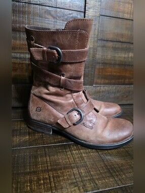 Born Portia Mid Calf Leather Buckled Boots Brown Moto Side Zip Womens 7
